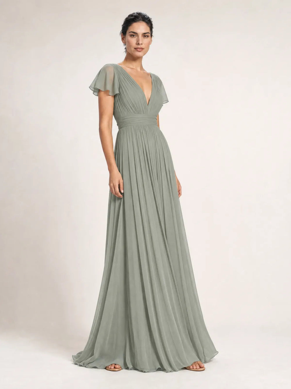 Liora sage pleated maxi dress in a front three-quarter studio view