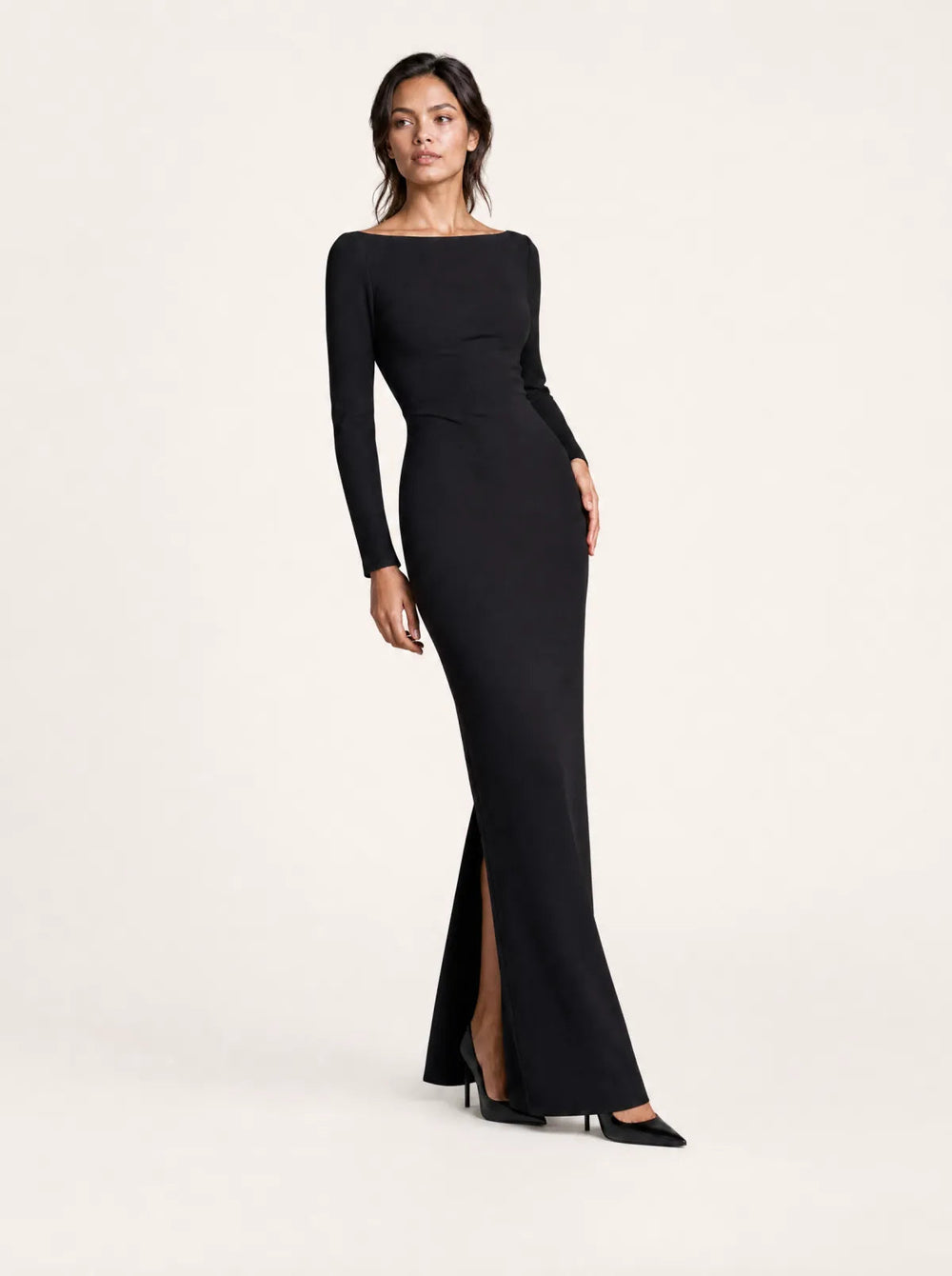 Selene black column maxi dress in a front three-quarter studio view
