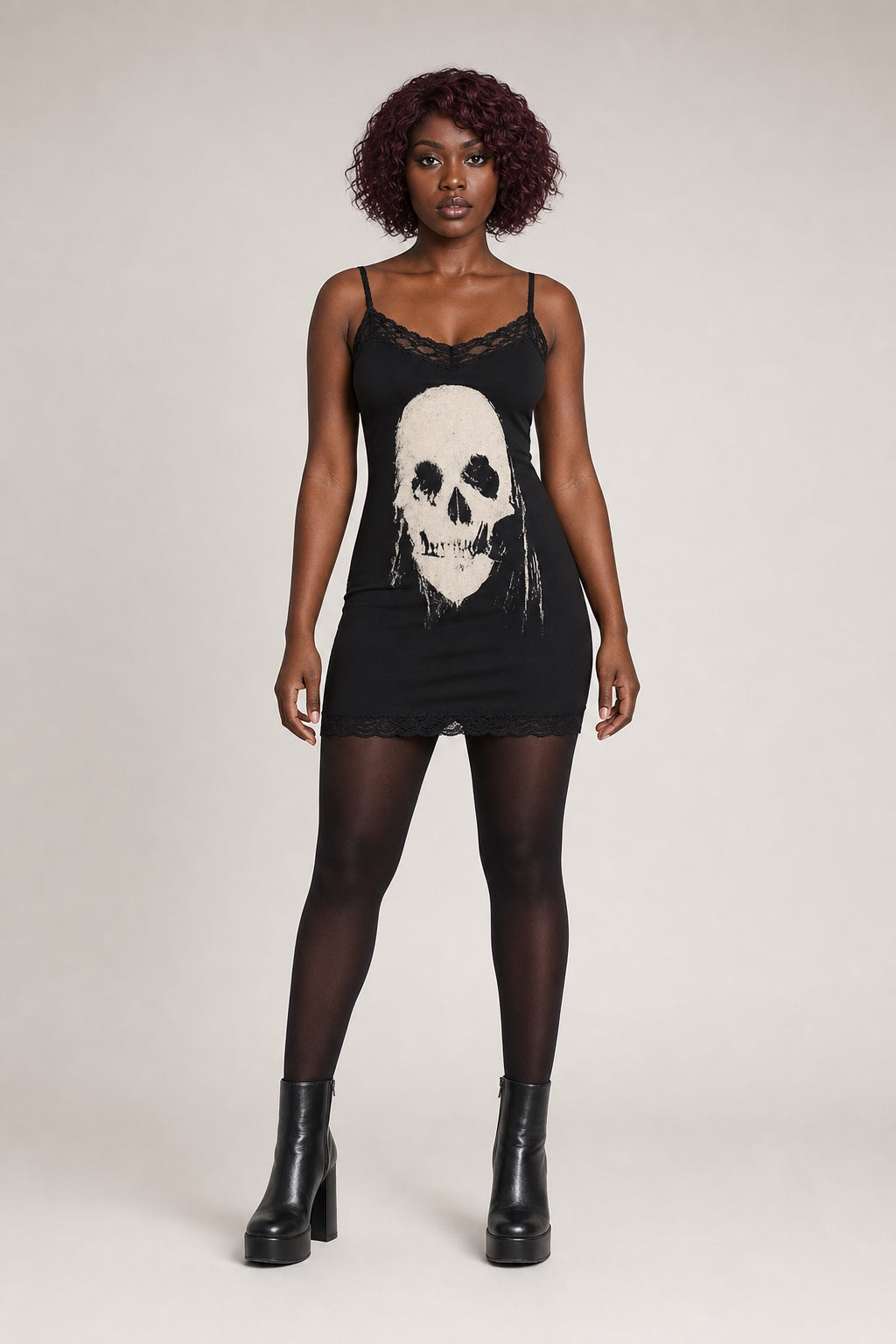 Stella black skull-print mini dress - composed studio front