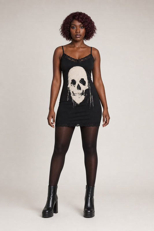 Stella black skull-print mini dress - composed studio front