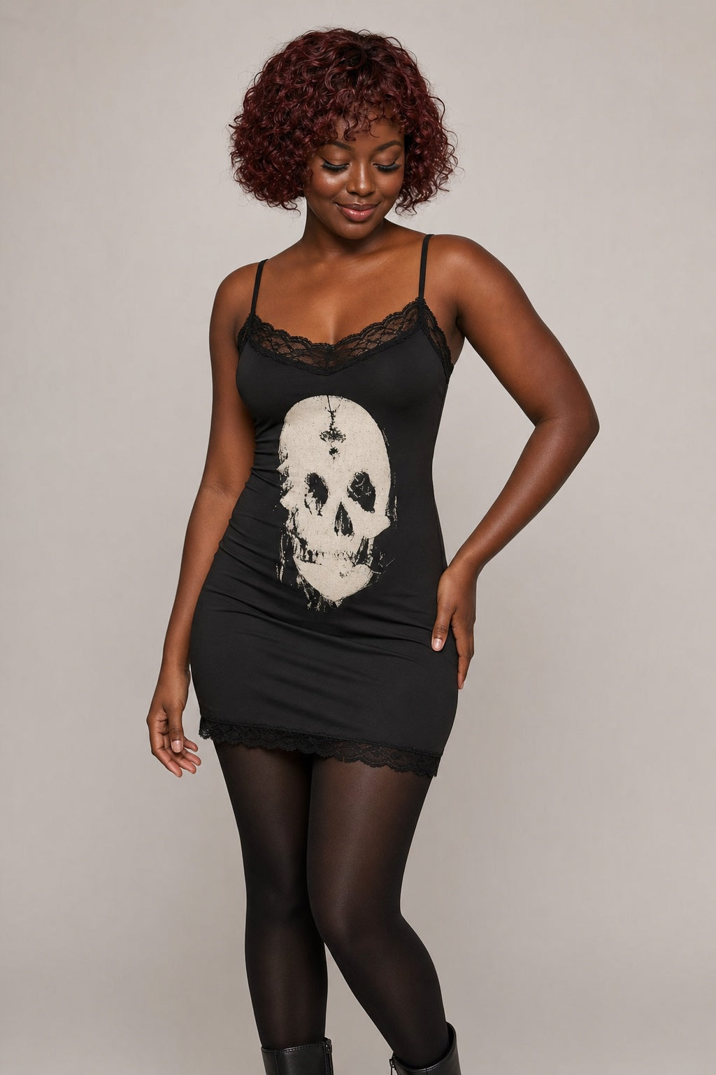 Stella black skull-print mini dress - three-quarter view