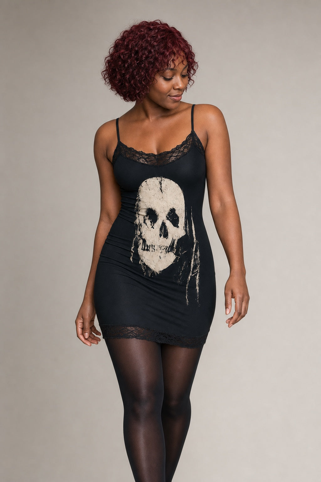 Stella skull-print mini dress in black - skull and lace detail
