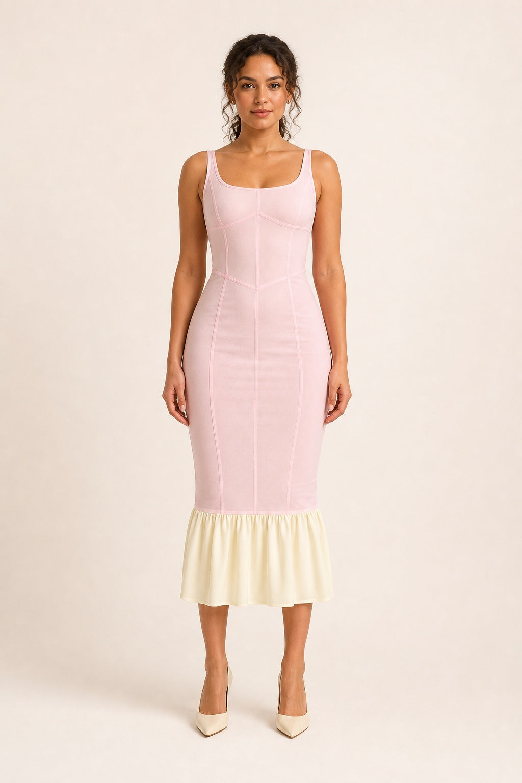 Elena pink corset-seam midi dress - front view