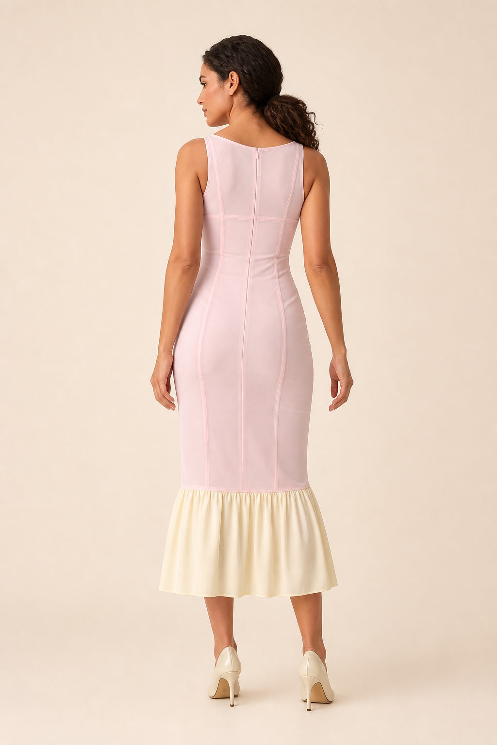 Elena pink corset-seam midi dress - back view