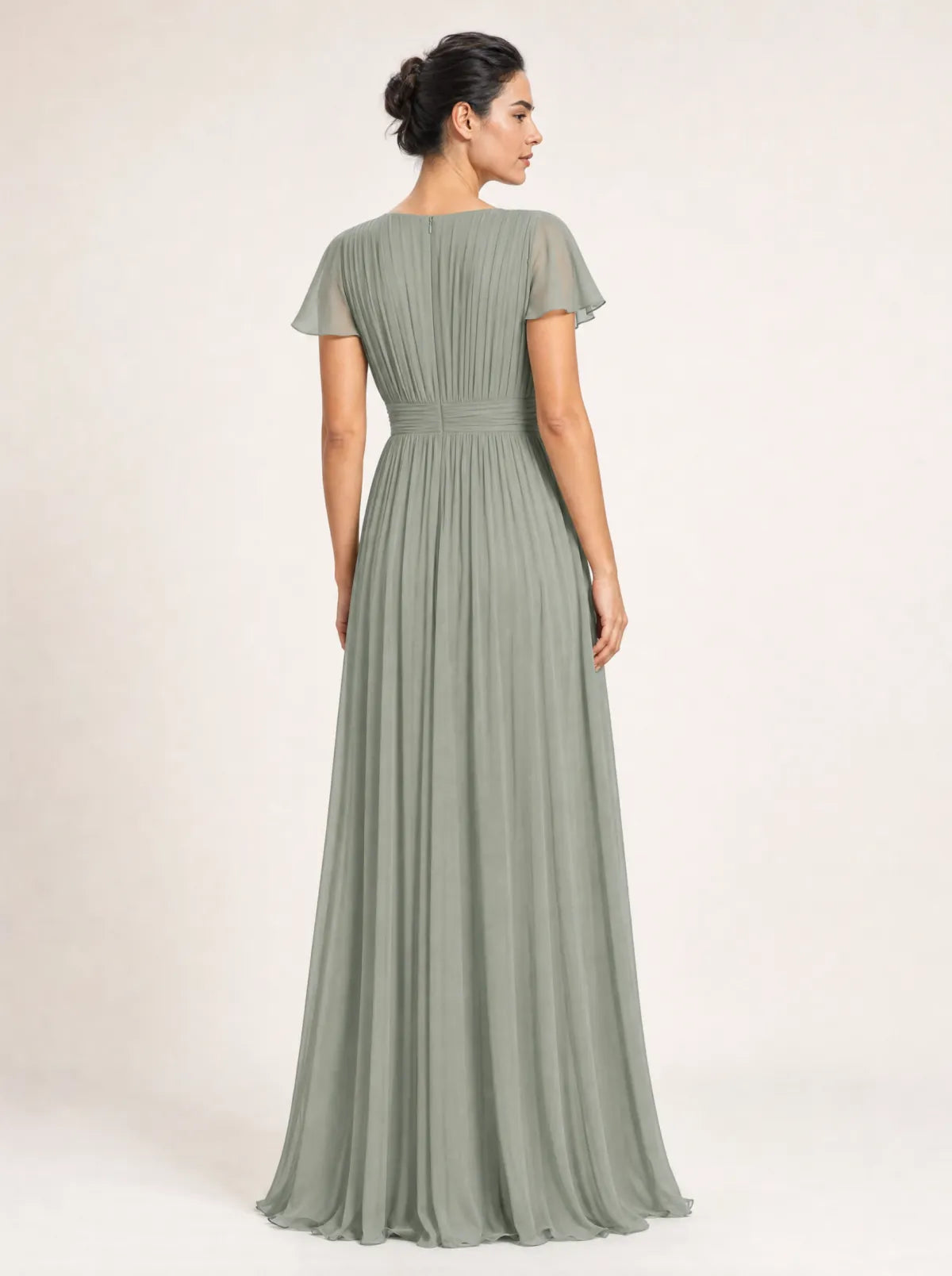Liora sage pleated maxi dress in a full-length back studio view