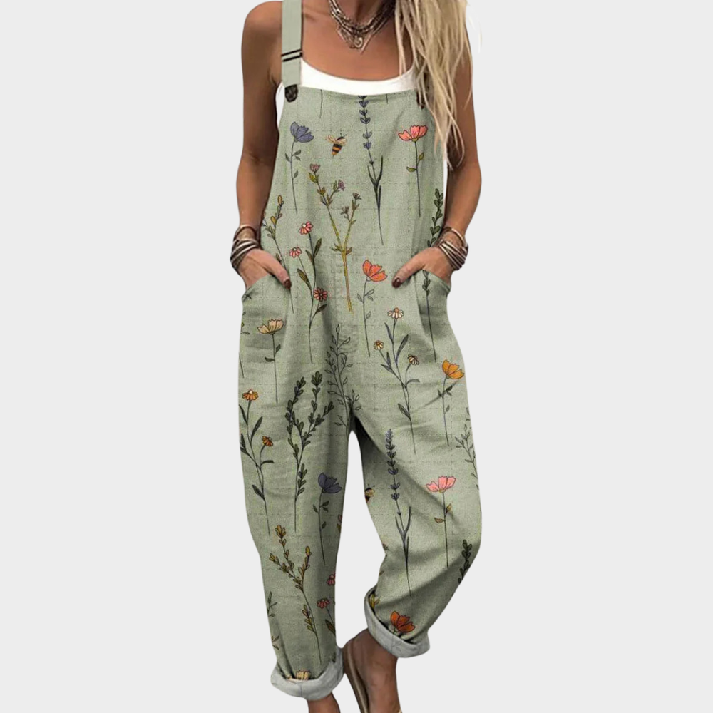 Women's Green Print Woven Jumpsuit with Straps and Patch Pockets