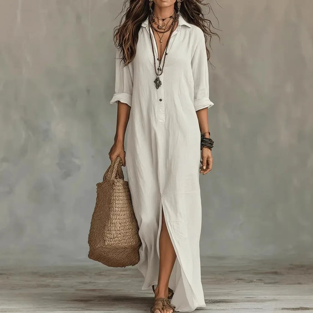 Women's Linen-Blend Button-Front Shirt Dress with Side Slits
