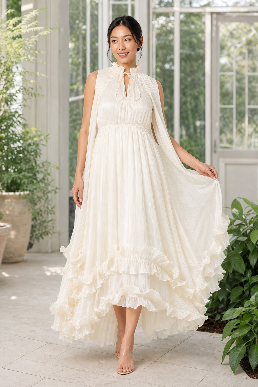 Sophie ivory pleated ruffle high-low maxi dress - conservatory lifestyle