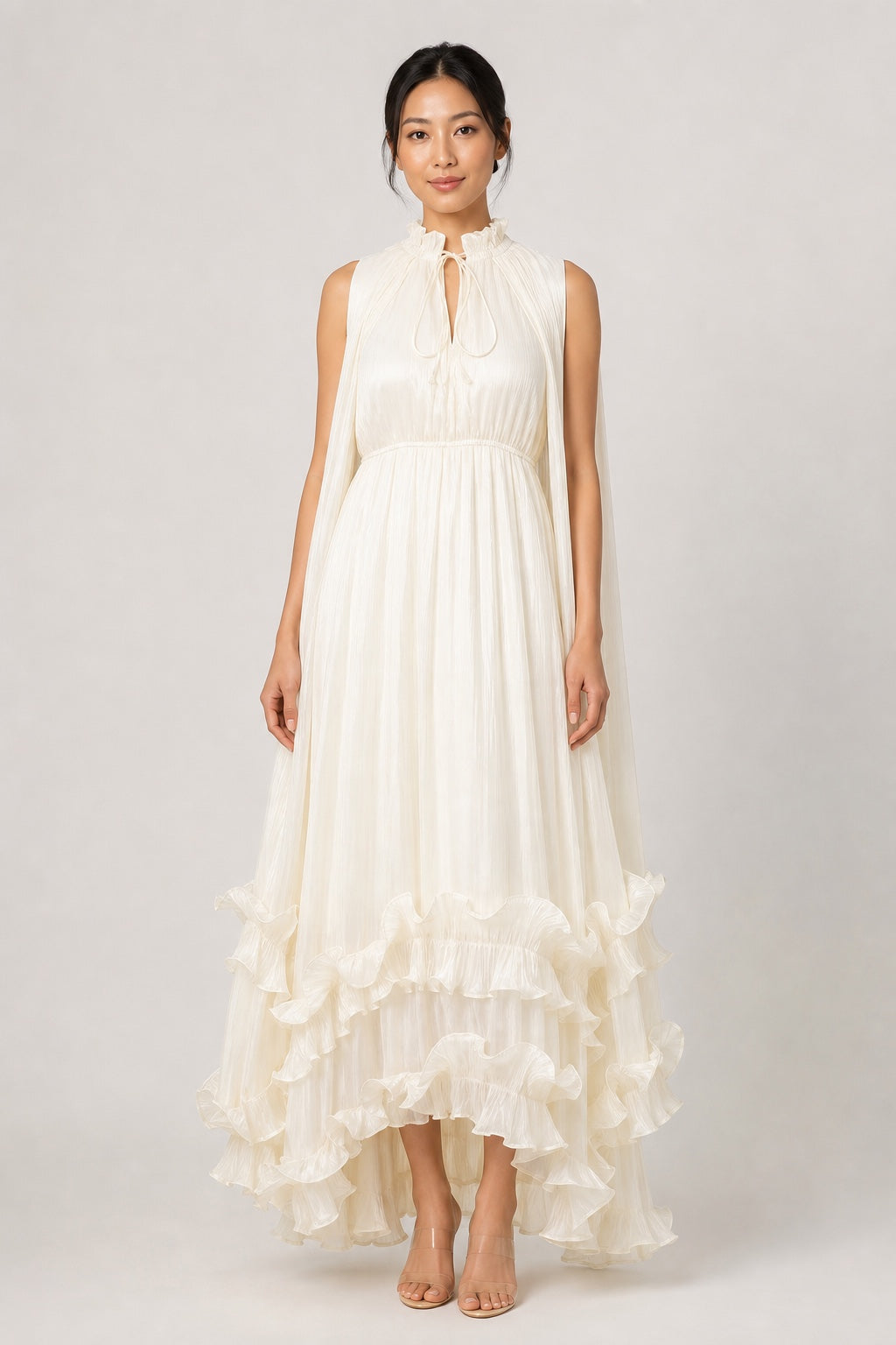 Sophie ivory pleated ruffle high-low maxi dress - studio front view