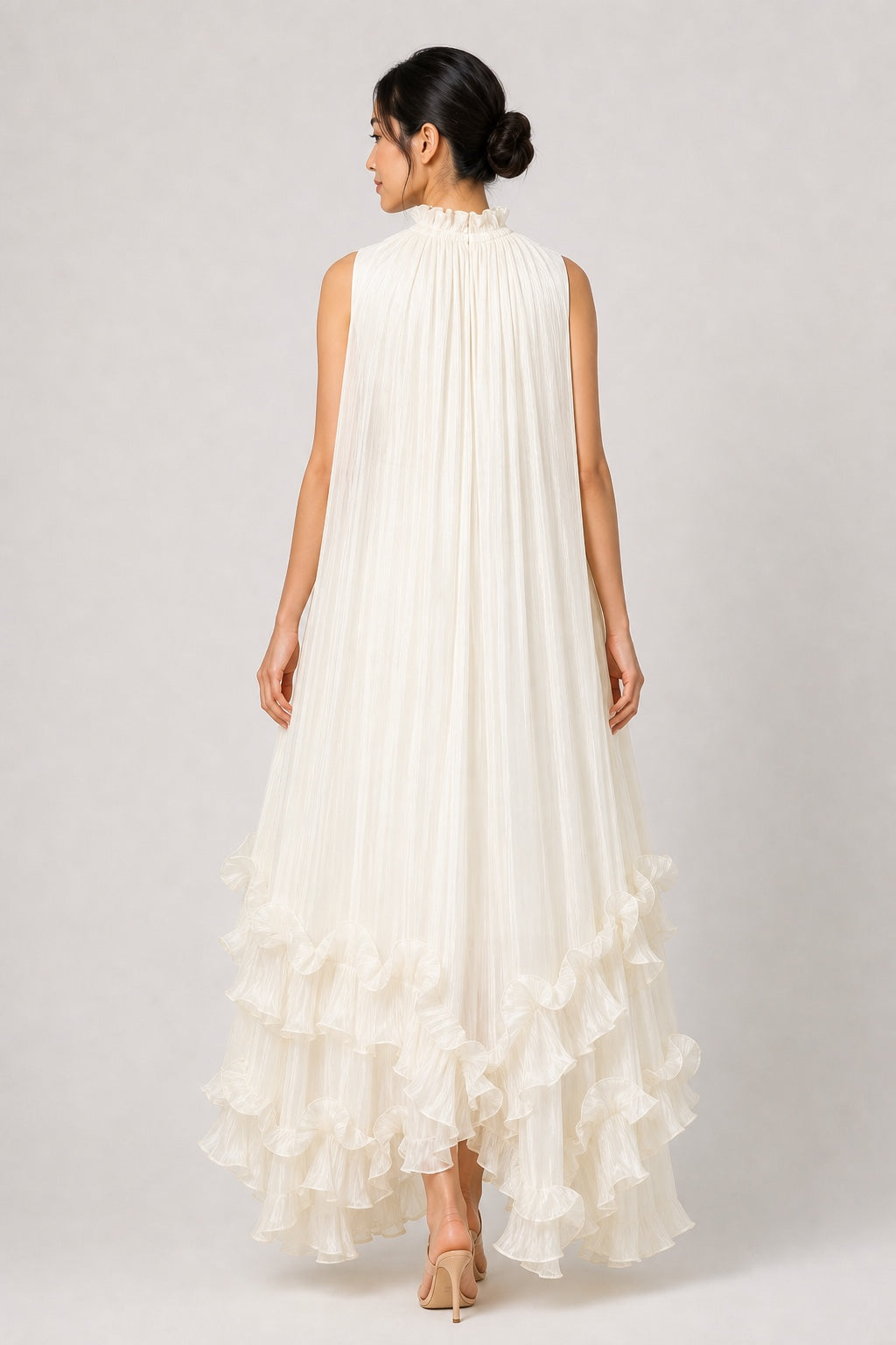 Sophie ivory pleated ruffle high-low maxi dress - studio back view