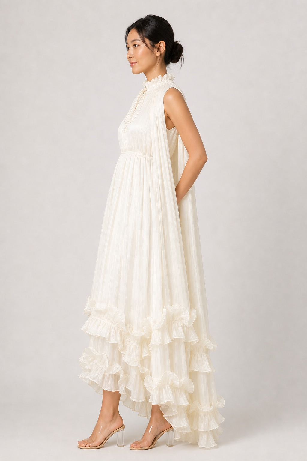 Sophie ivory pleated ruffle high-low maxi dress - studio side view