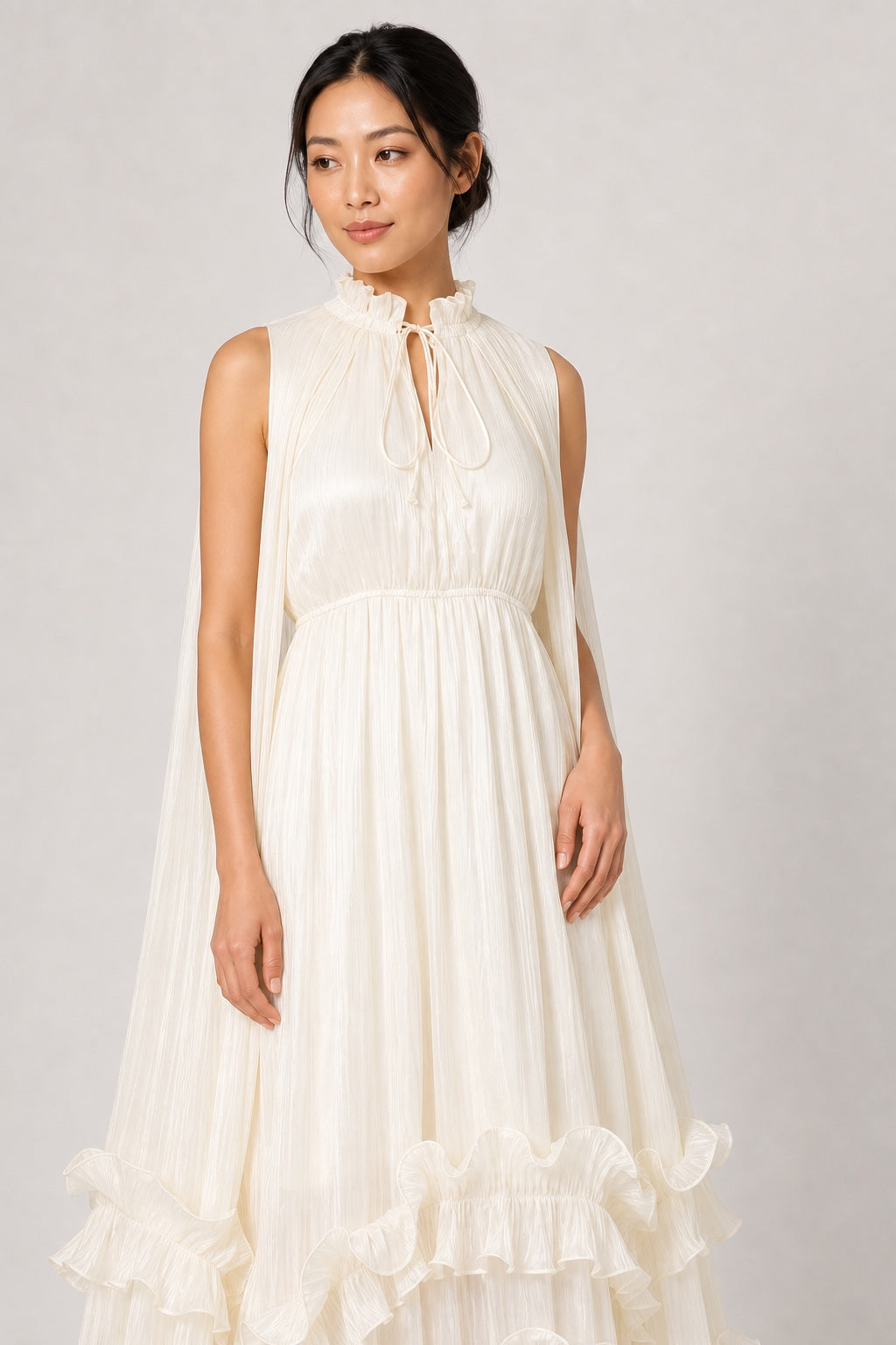 Sophie ivory pleated ruffle high-low maxi dress - neckline pleat and ruffle detail