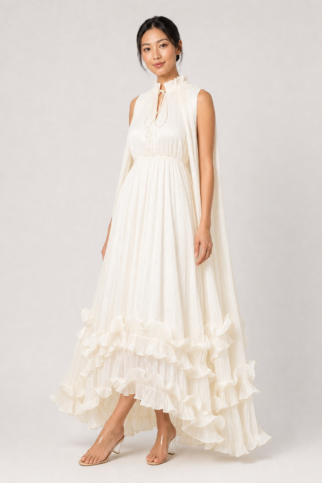 Sophie pleated cape ruffle high-low maxi dress in White