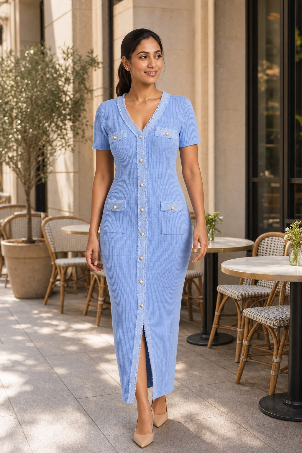 Anna powder-blue knit button-front maxi dress - city cafe lifestyle