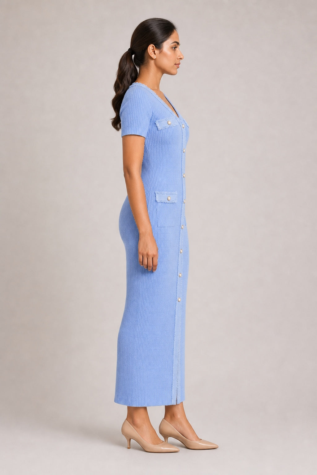 Anna powder-blue knit button-front maxi dress - studio side view