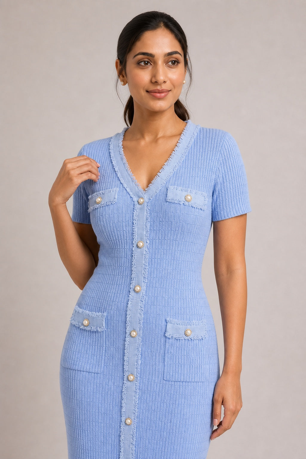 Anna powder-blue knit button-front maxi dress - knit pocket and button detail