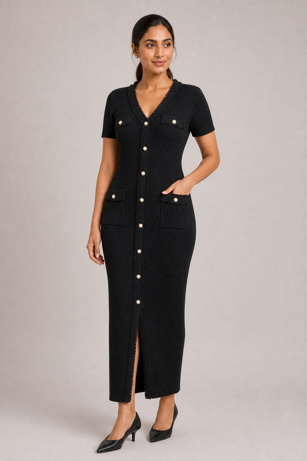 Anna knit button-front maxi dress in Black