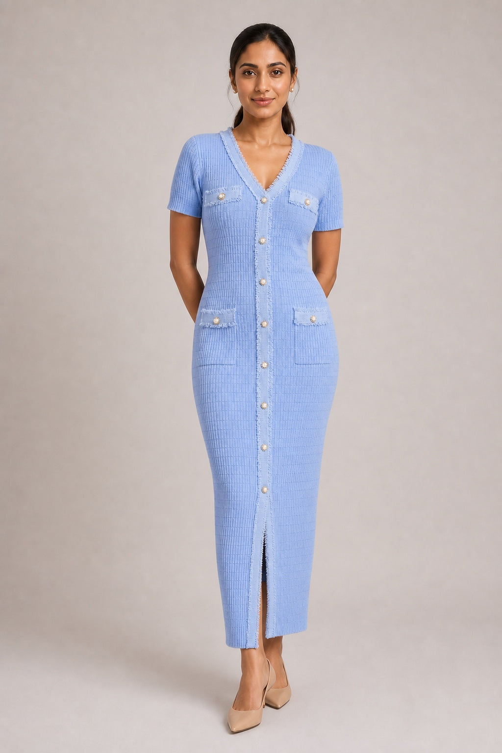 Anna knit button-front maxi dress in Blue