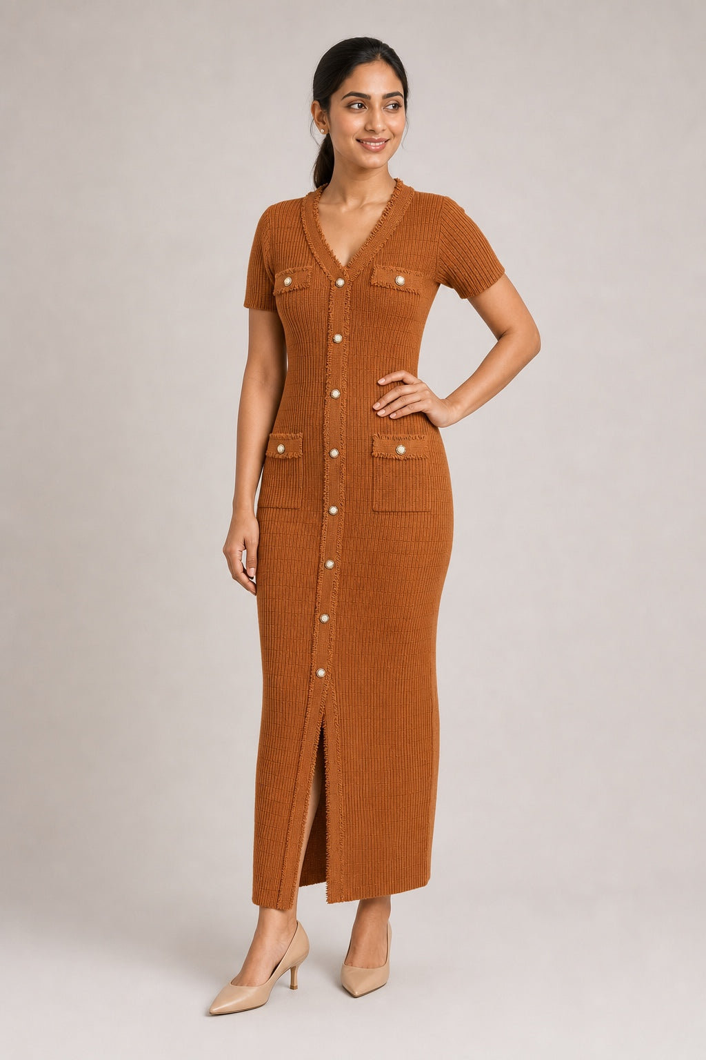 Anna knit button-front maxi dress in Brown