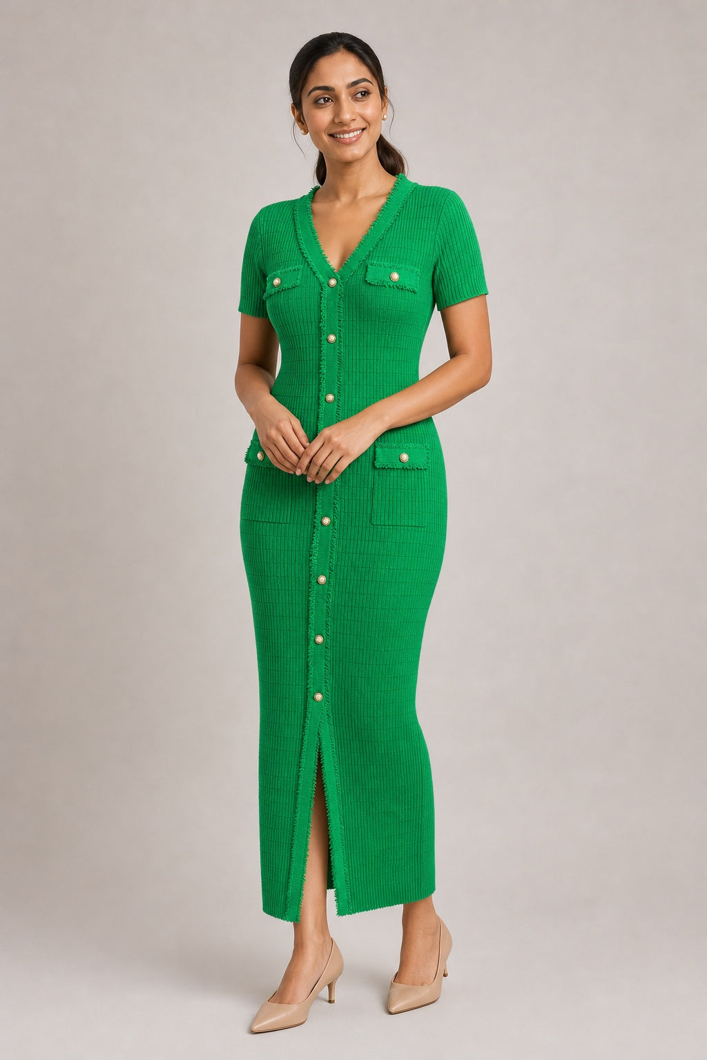 Anna knit button-front maxi dress in Green
