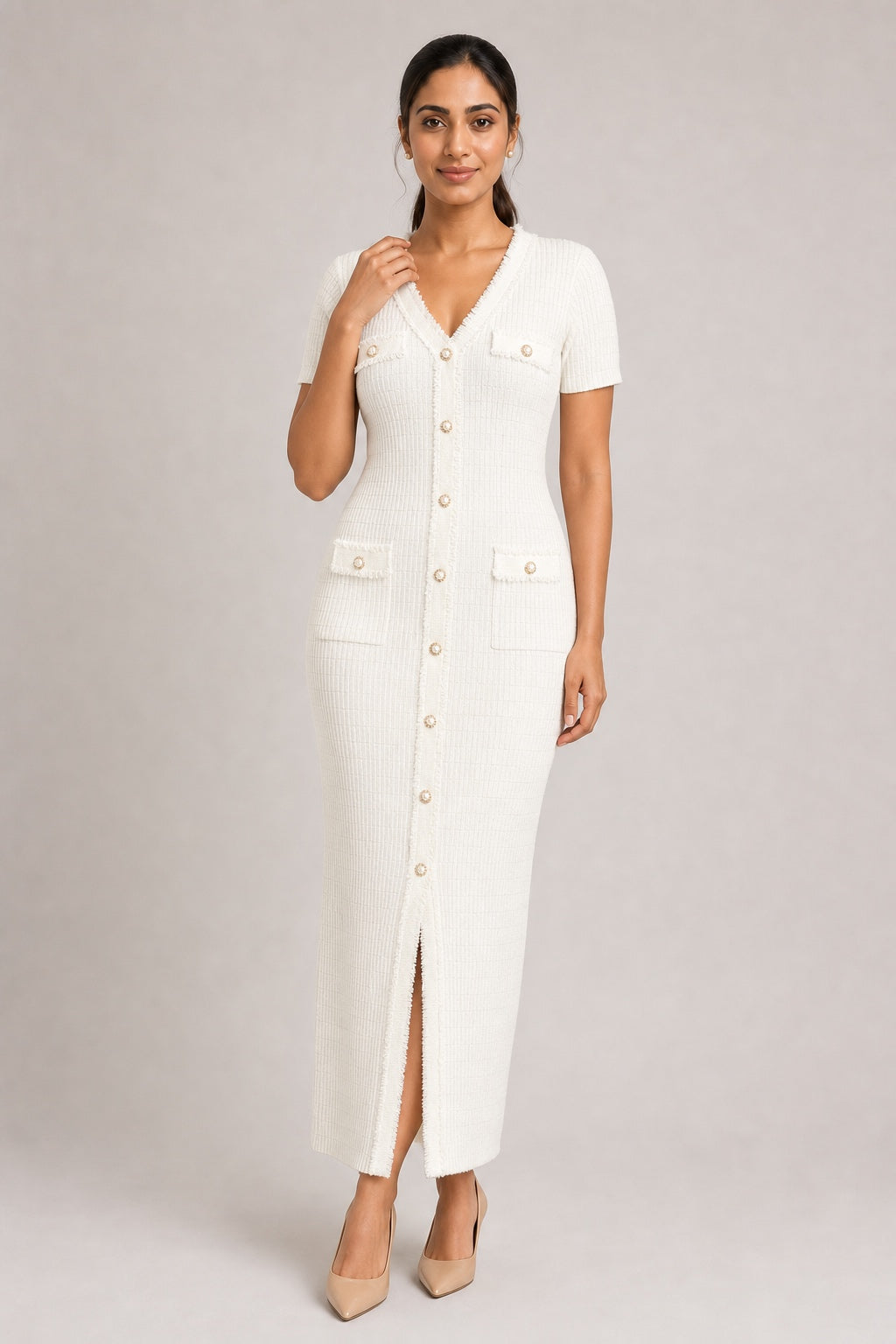 Anna knit button-front maxi dress in White