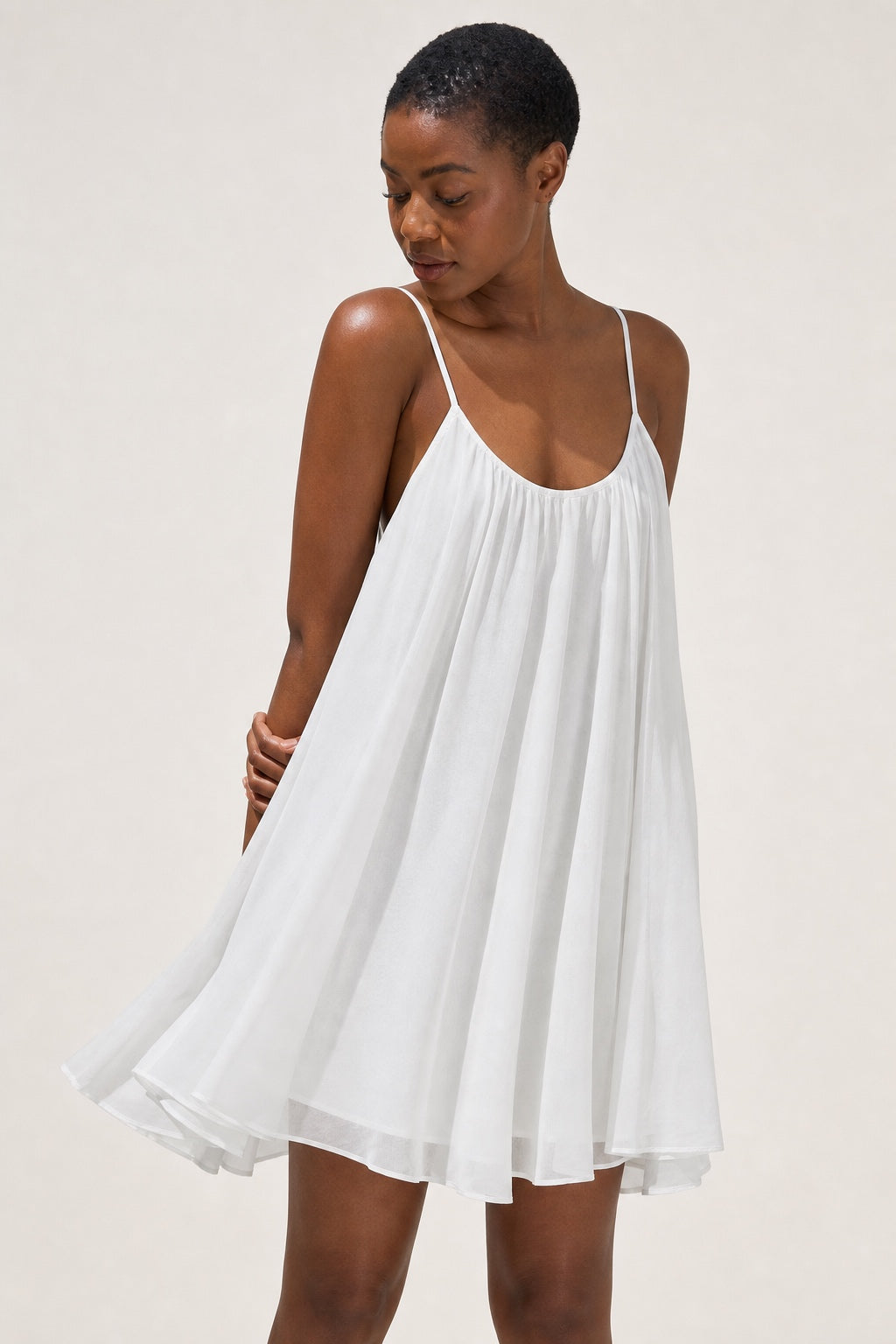Aria white chiffon boho mini dress - neckline and layered chiffon detail