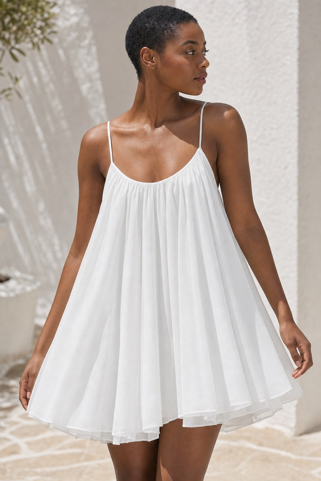 Aria boho mini dress in white - chiffon construction detail