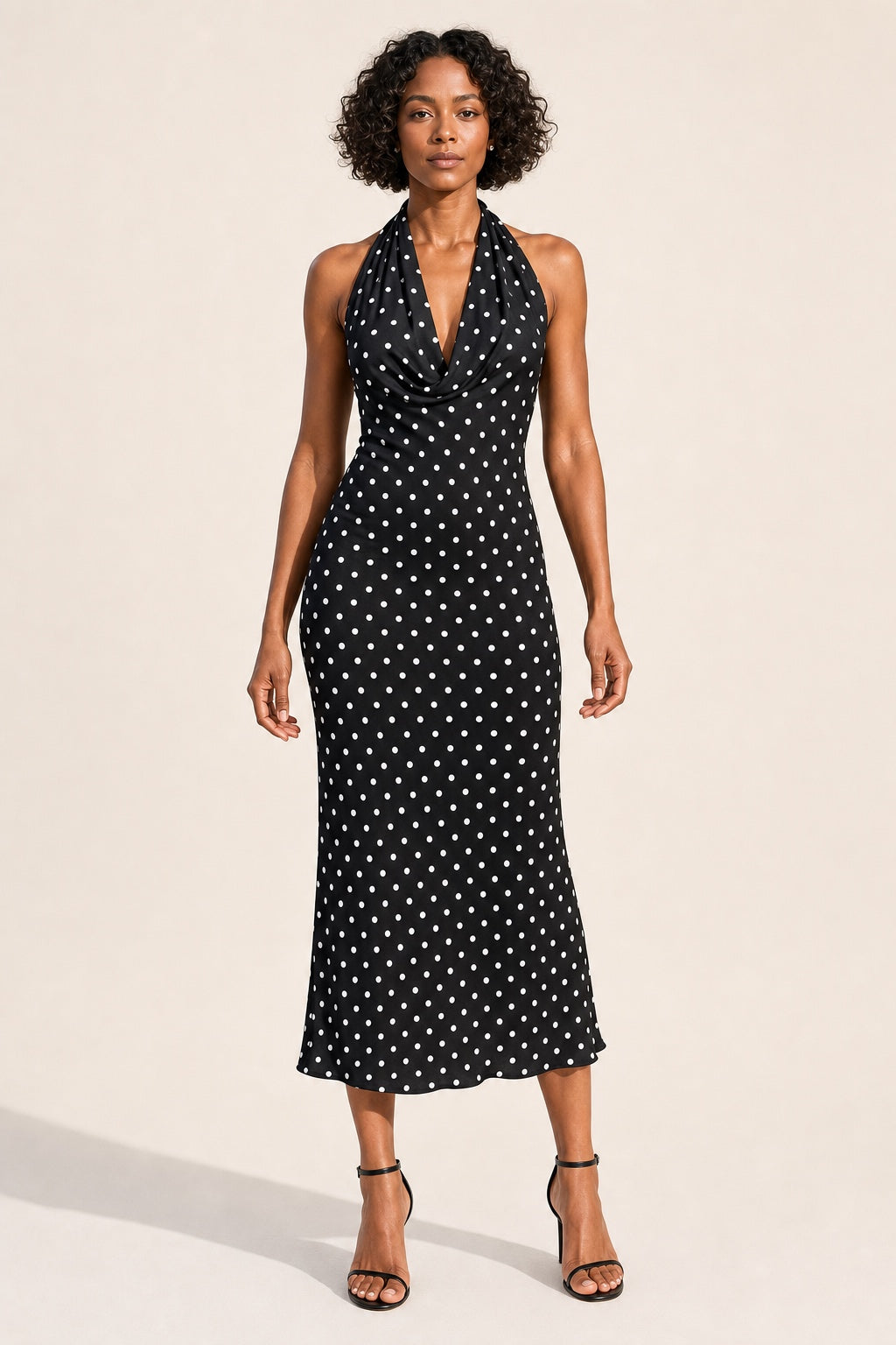 Ruby black polka-dot halter midi dress - composed studio front