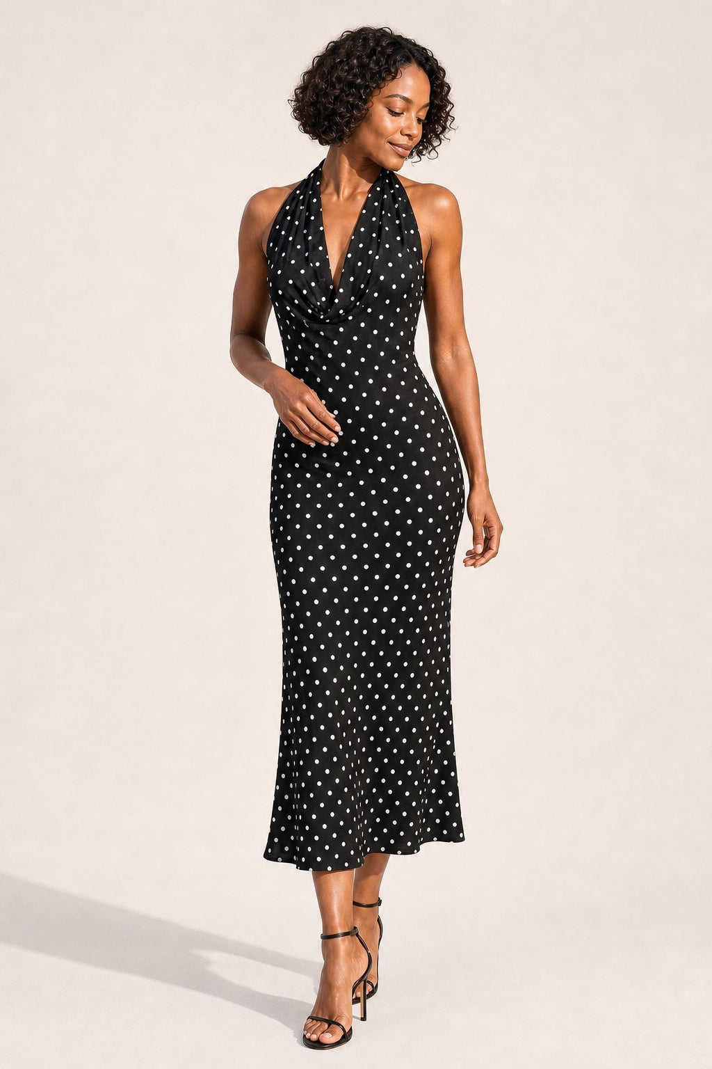 Ruby black polka-dot halter midi dress - three-quarter view
