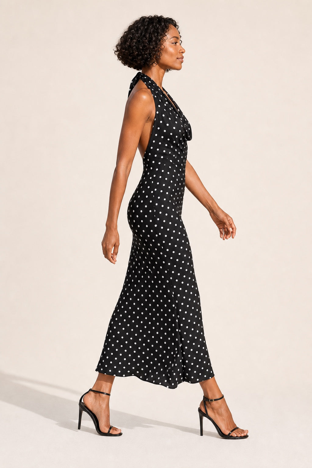 Ruby black polka-dot halter midi dress - right profile
