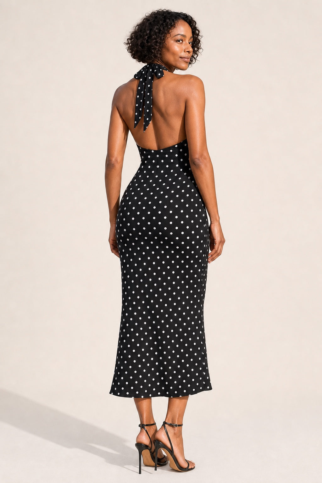 Ruby black polka-dot halter midi dress - open-back view
