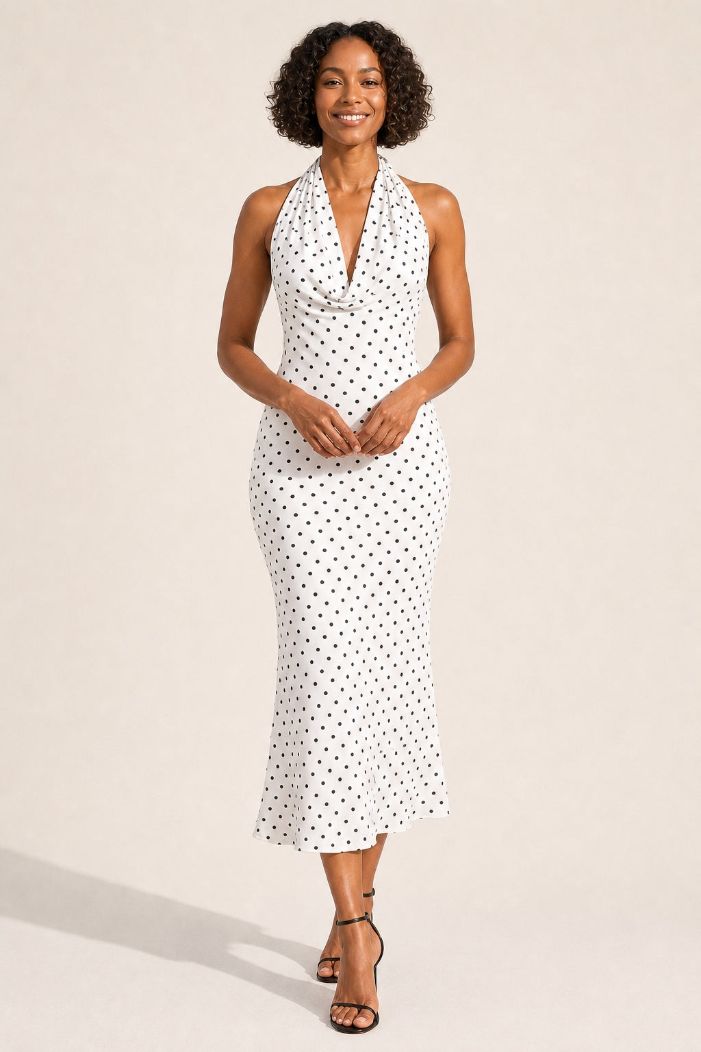 Ruby polka-dot halter midi dress in white - smiling front view
