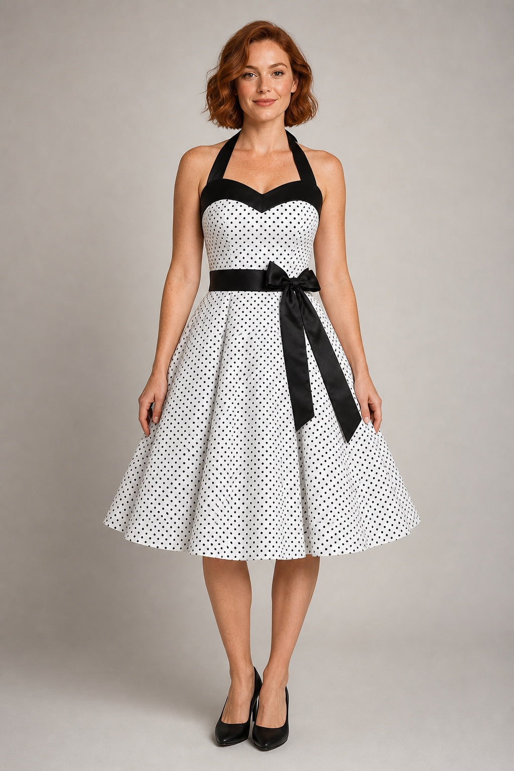 Nora white polka-dot halter swing dress - studio front view