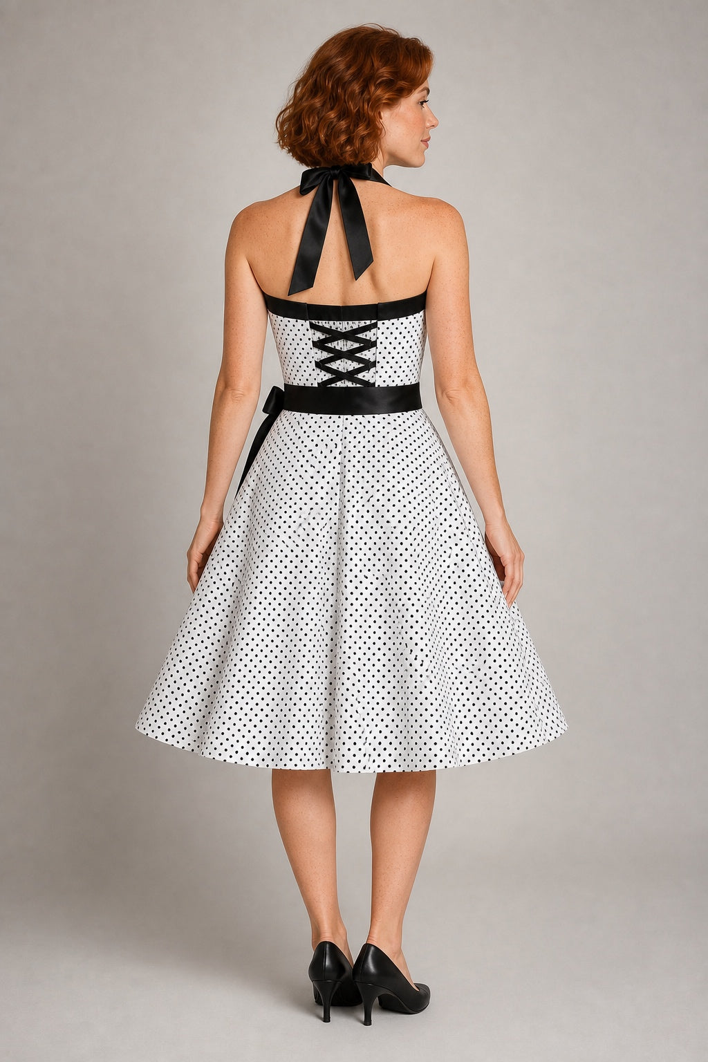 Nora white polka-dot halter swing dress - corset back view