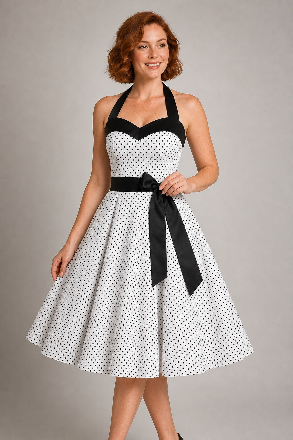Nora white polka-dot halter swing dress - bodice and sash detail