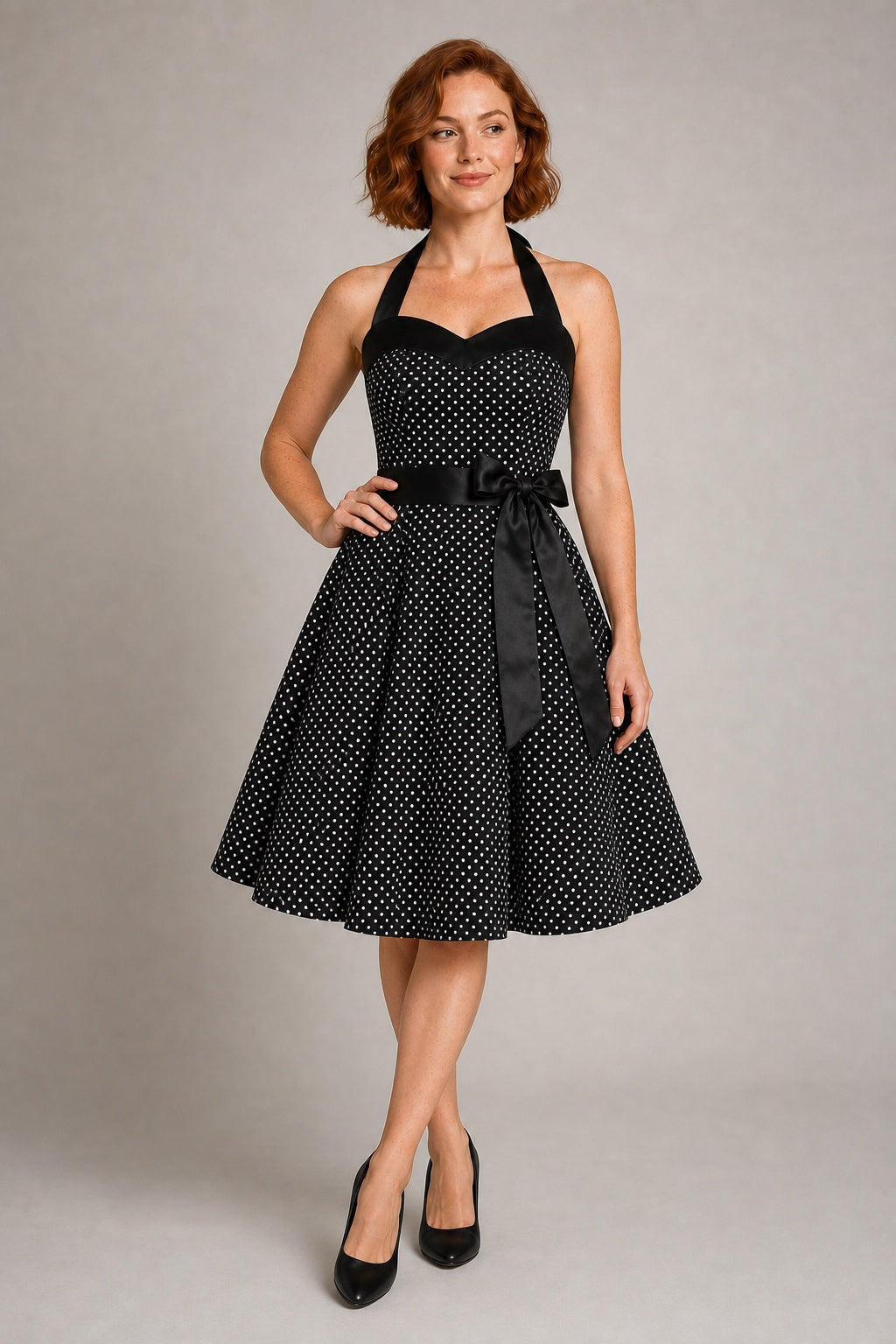Nora retro polka-dot halter swing dress in Black