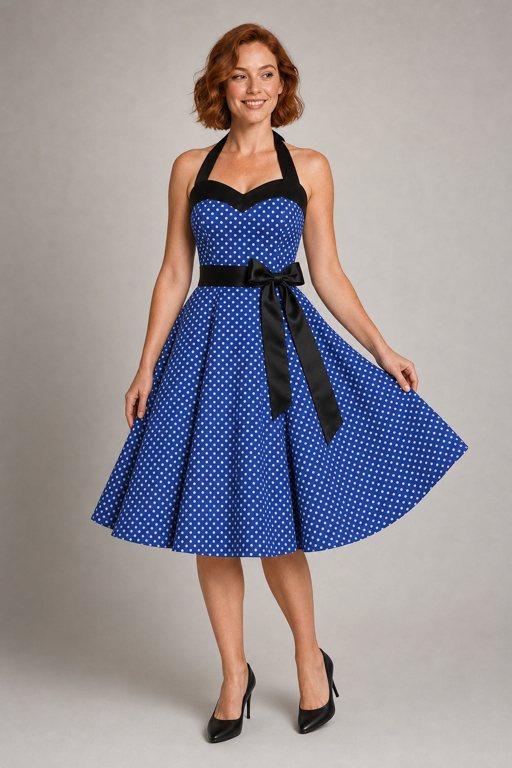 Nora retro polka-dot halter swing dress in Blue