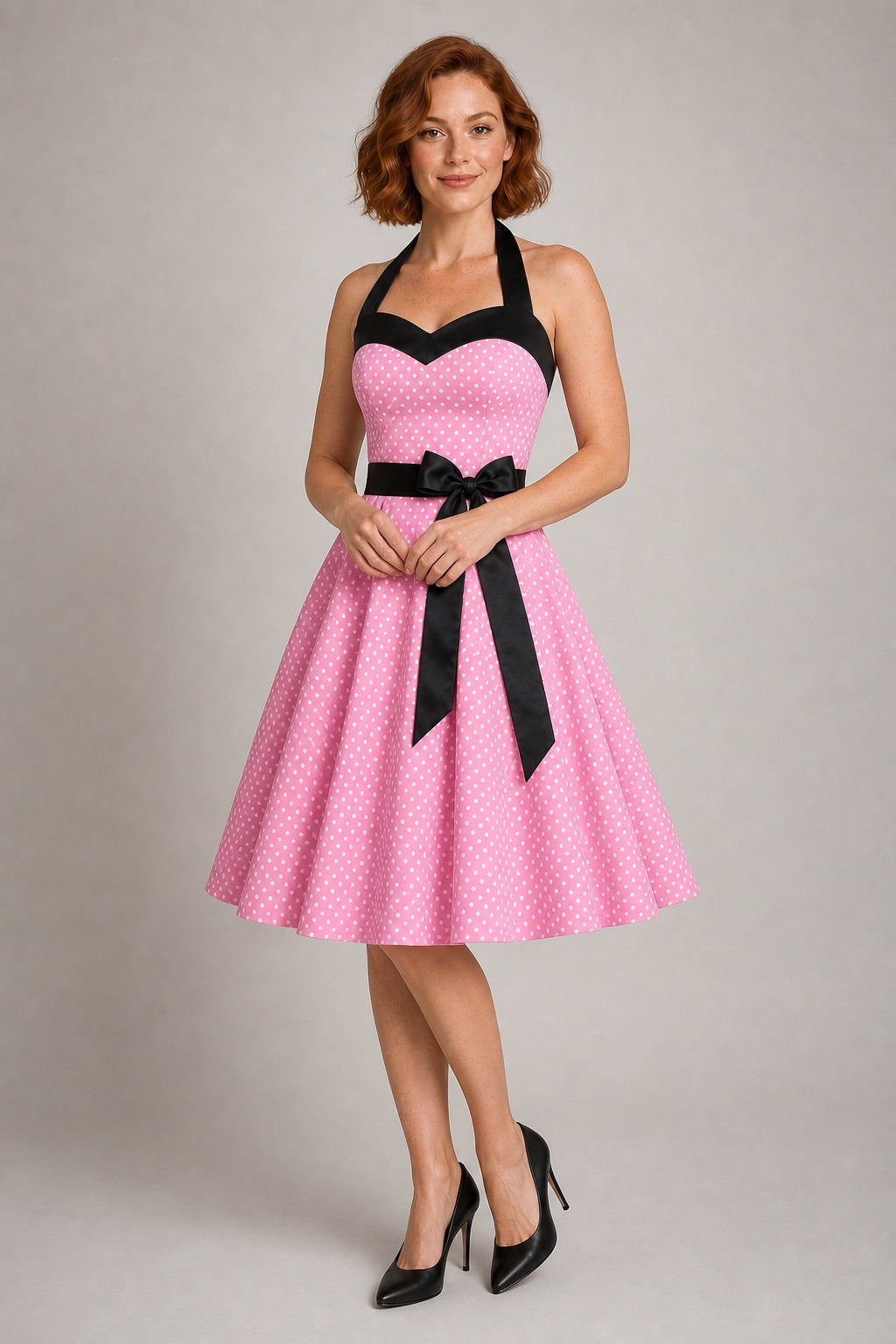 Nora retro polka-dot halter swing dress in Pink