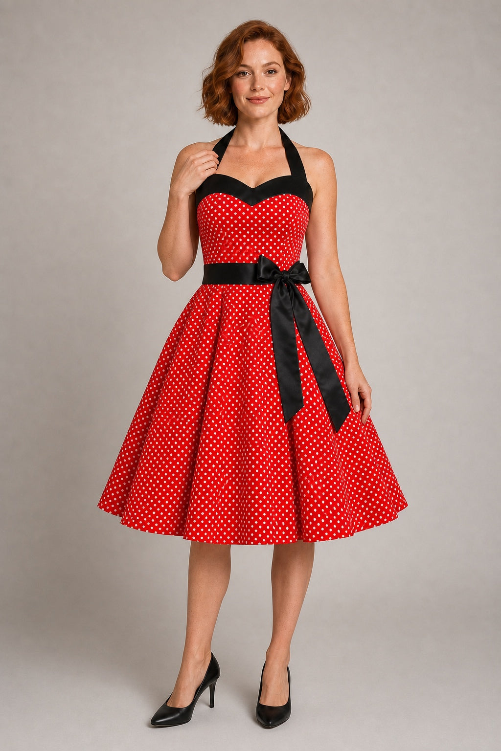 Nora retro polka-dot halter swing dress in Red