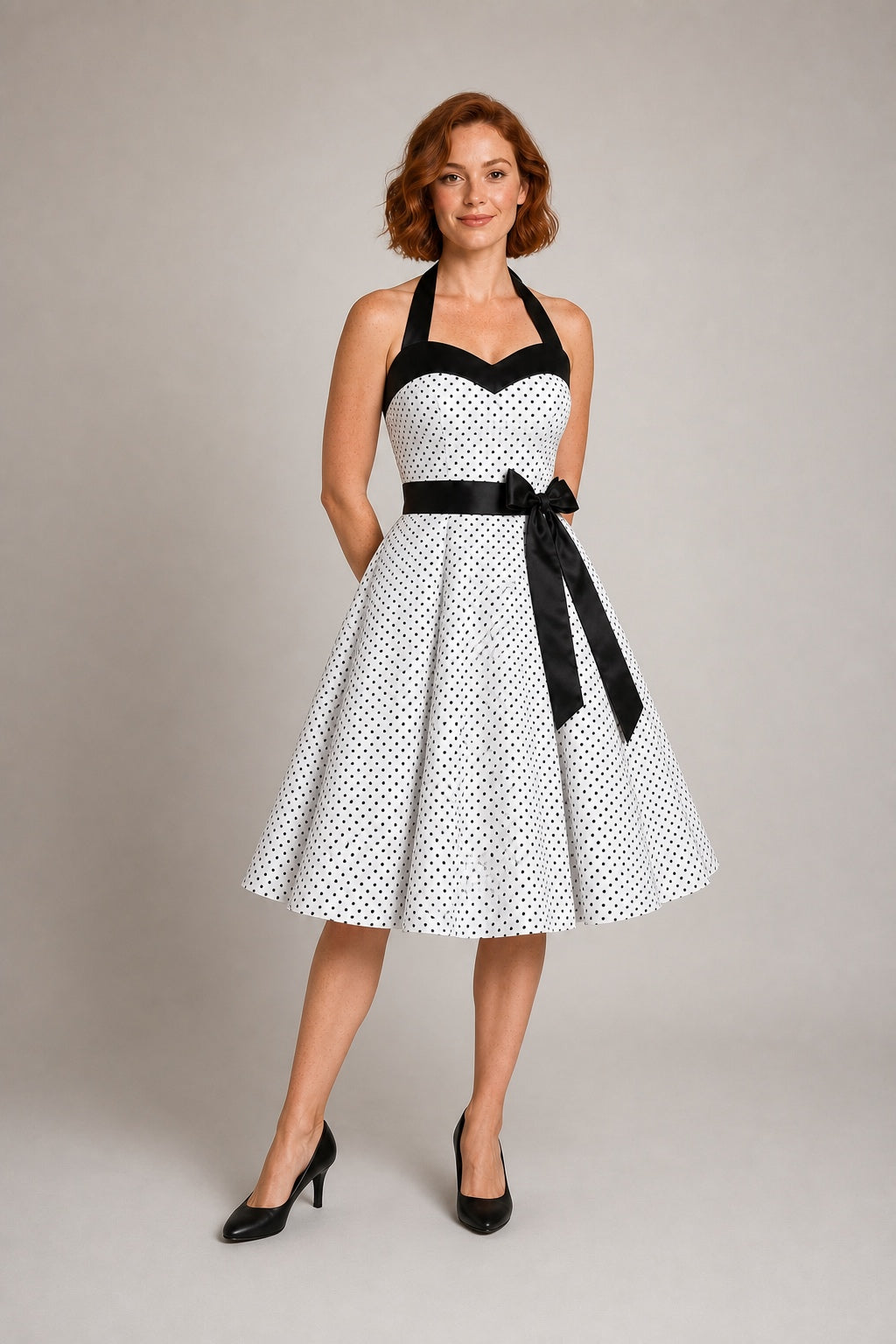 Nora retro polka-dot halter swing dress in White