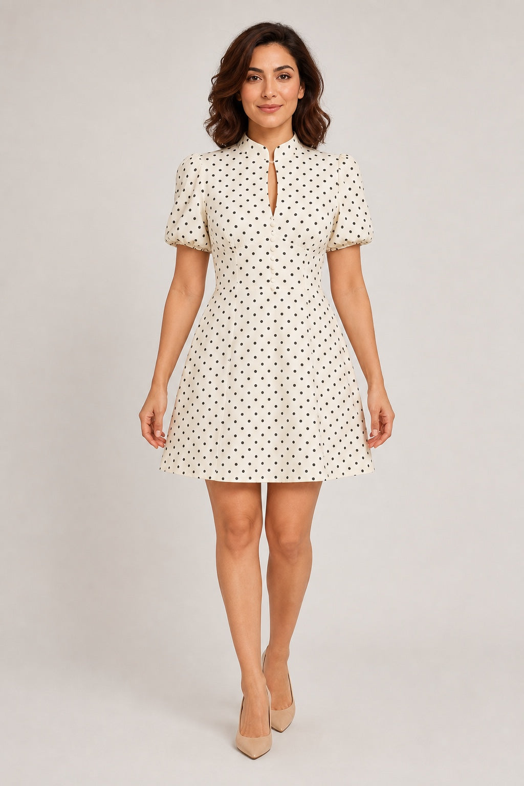Penelope beige polka-dot puff-sleeve mini dress - front view
