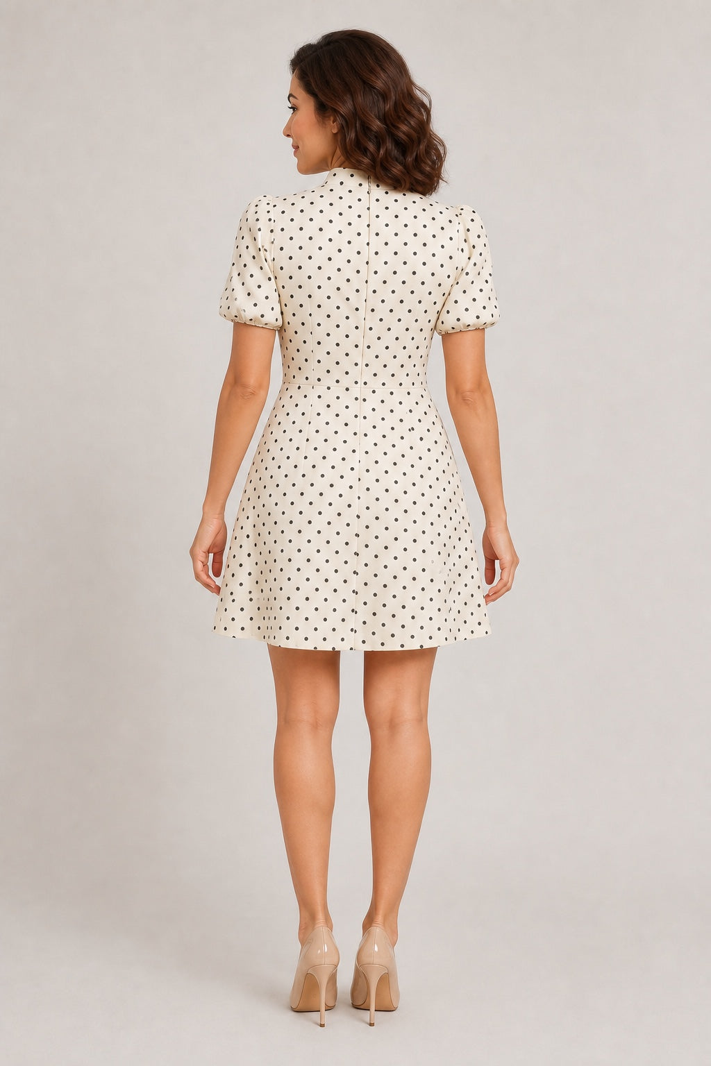 Penelope beige polka-dot puff-sleeve mini dress - back view