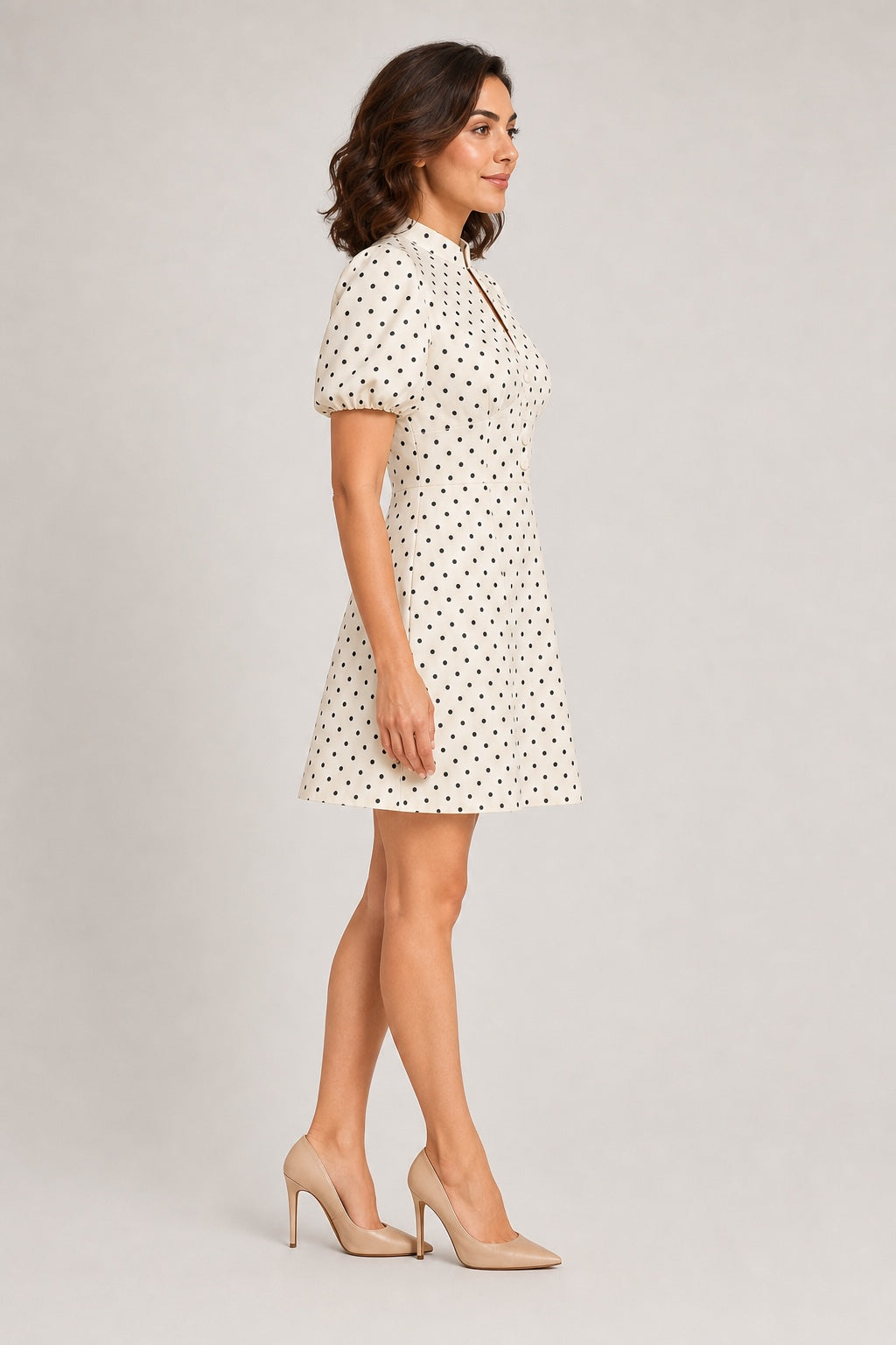 Penelope beige polka-dot puff-sleeve mini dress - side view