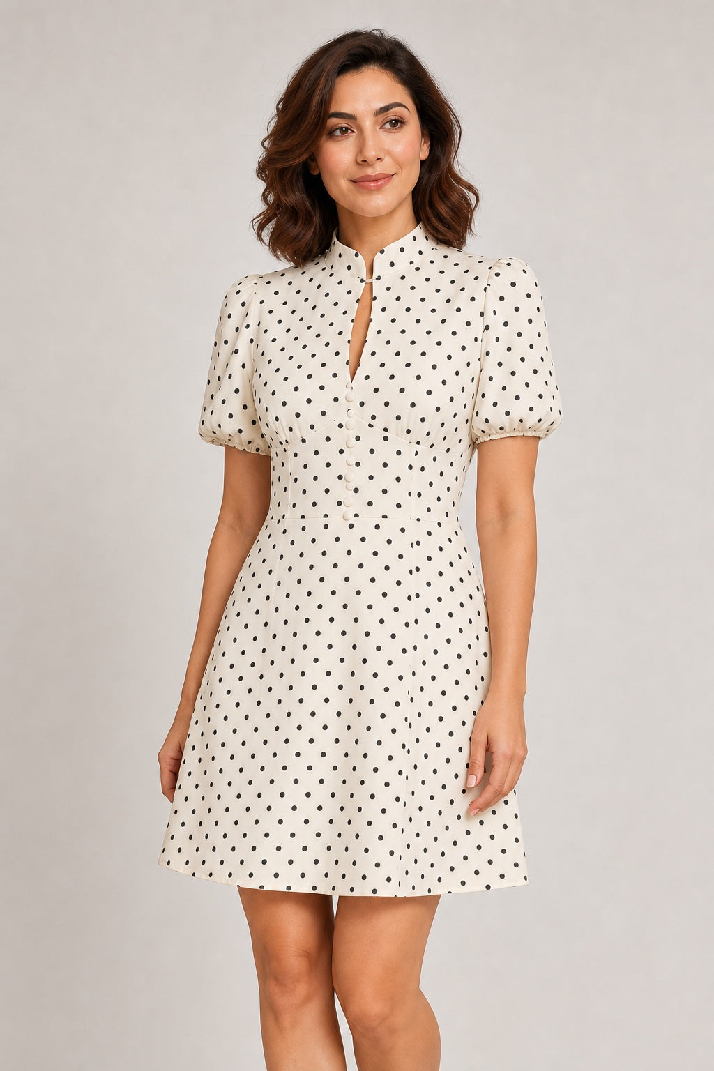 Penelope beige polka-dot puff-sleeve mini dress - collar and button detail