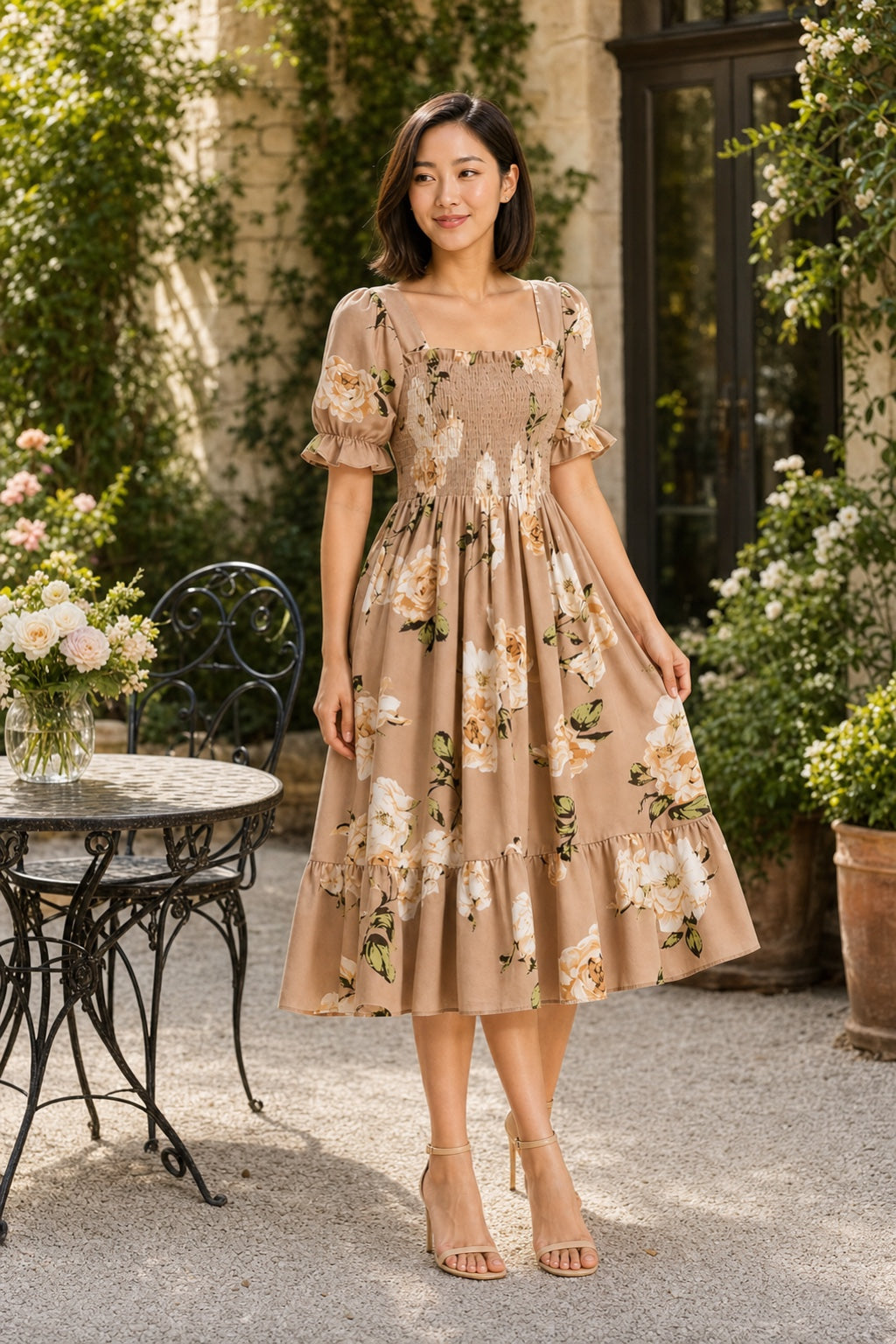 Samantha khaki floral smocked midi dress - garden cafe lifestyle