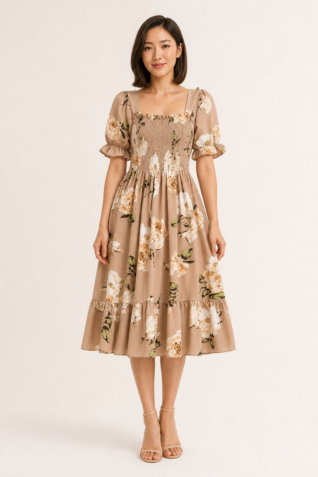 Samantha khaki floral smocked midi dress - studio front view