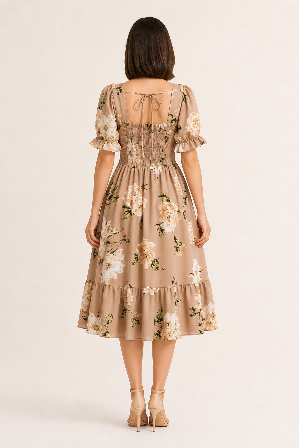 Samantha khaki floral smocked midi dress - tie back view