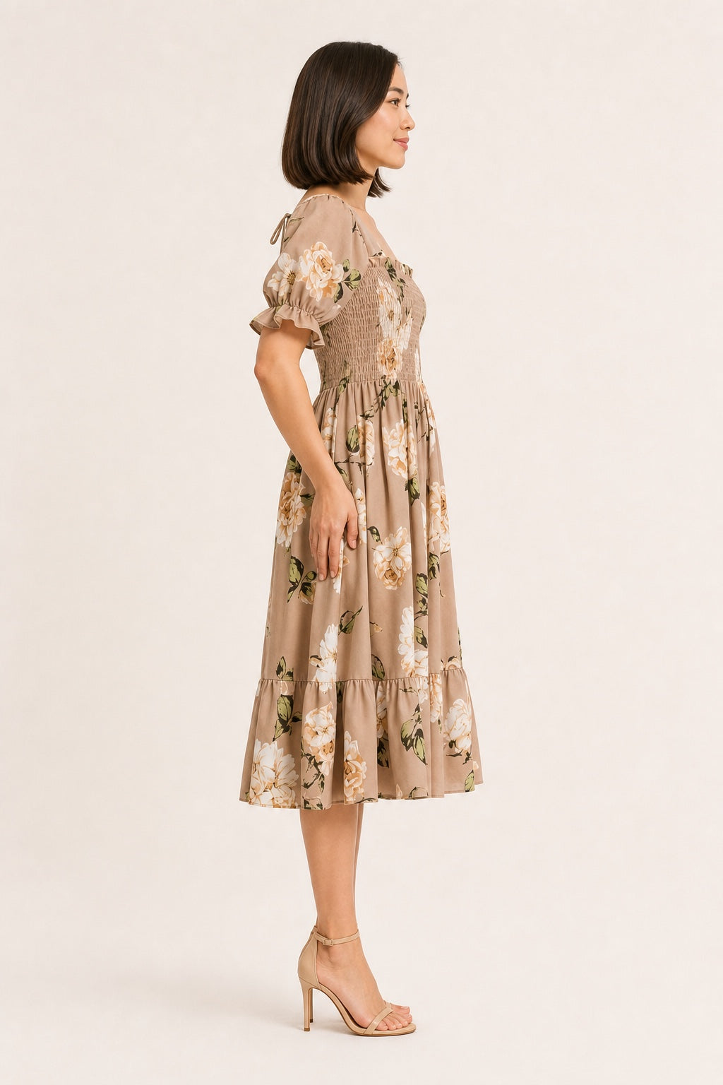 Samantha khaki floral smocked midi dress - studio side view