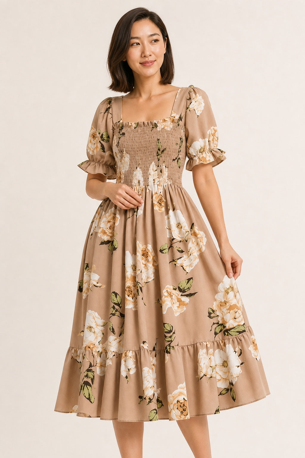 Samantha khaki floral smocked midi dress - bodice and print detail