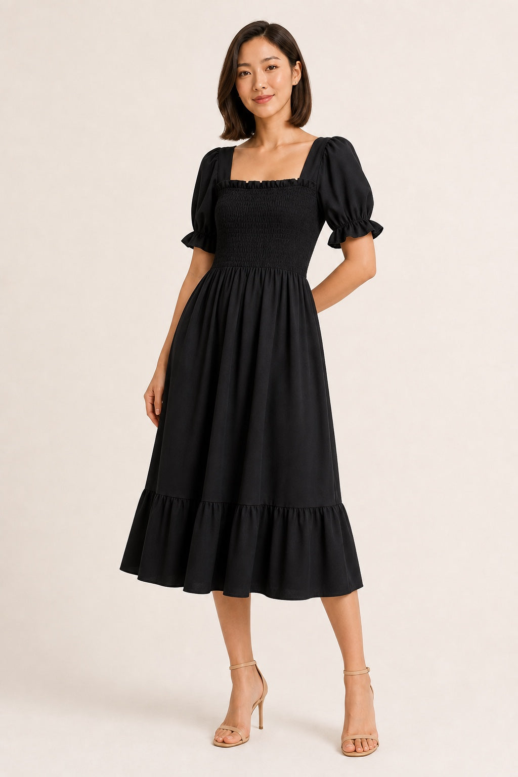 Samantha smocked A-line midi dress in Black
